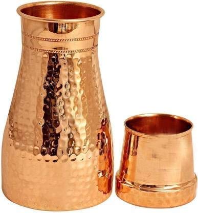 Copper Hammered BedSide Water Jar With Glass - Hammered 