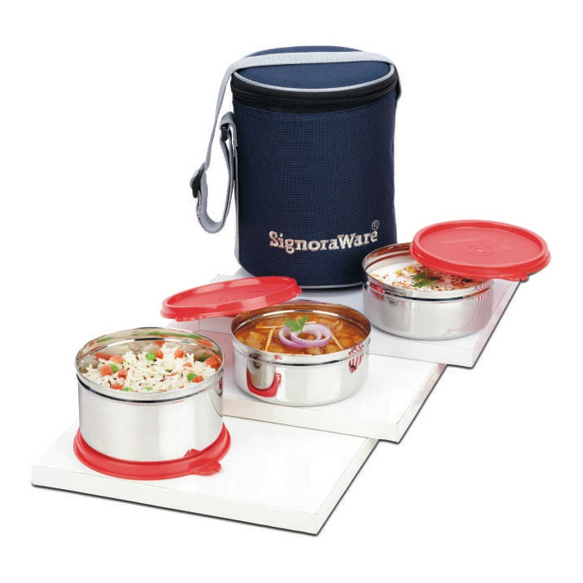 Signoraware Executive Steel Medium Lunch Box (3cont With Bag Set) - 3502