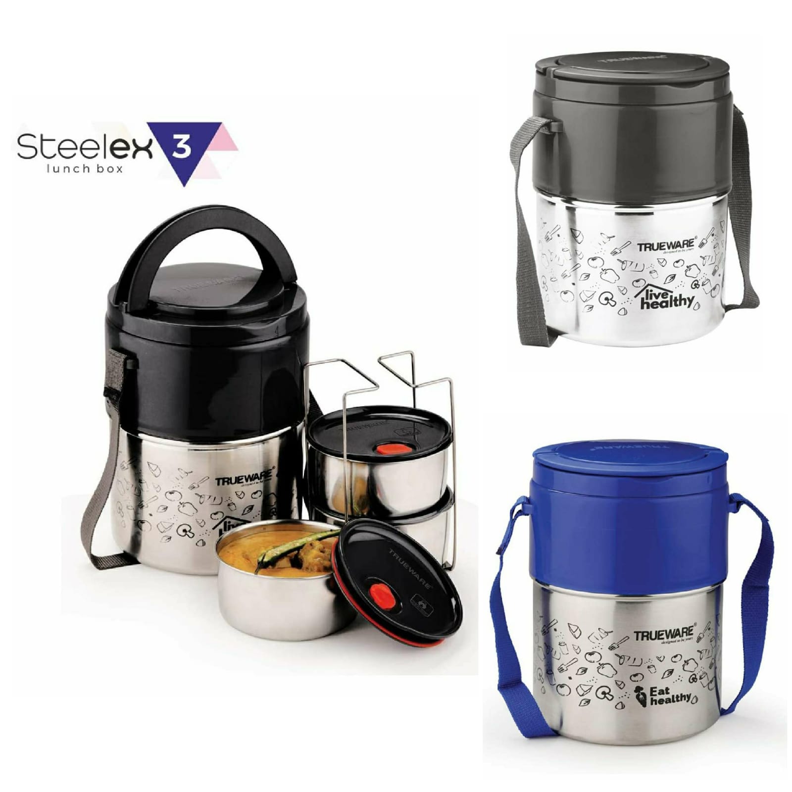 Trueware Steelex 3 Lunch Box, Stainless Steel each 350ml 3Container, Insulated Lunch Carrier, 1piece
