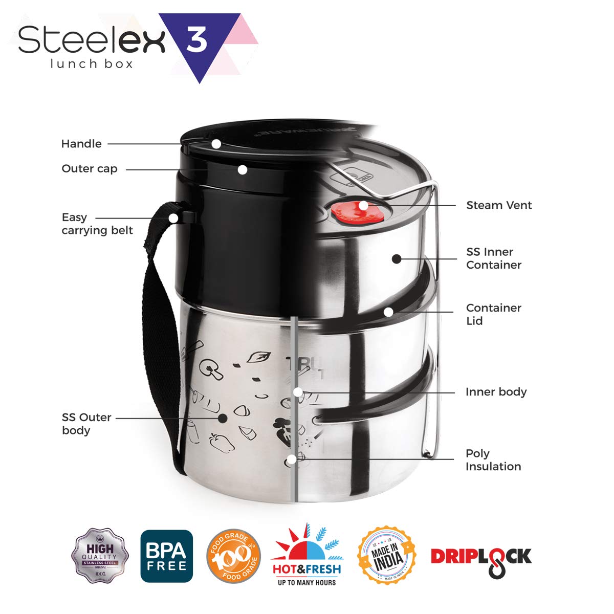 Trueware Steelex 3 Lunch Box, Stainless Steel each 350ml 3Container, Insulated Lunch Carrier, 1piece