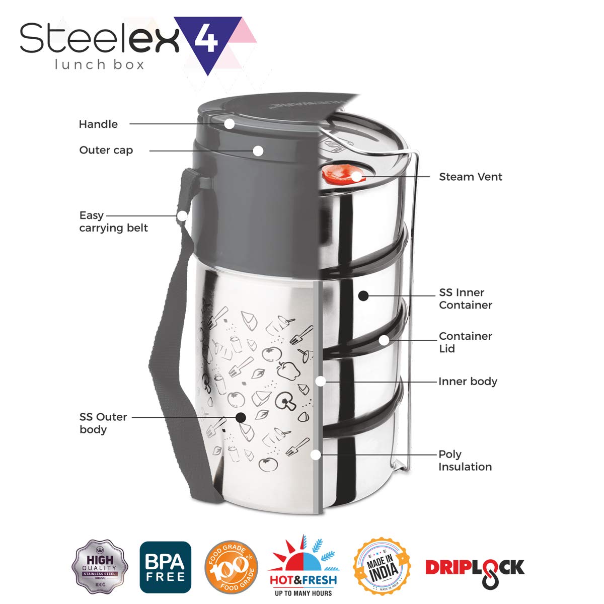 Trueware Steelex 4 Lunch Box, Stainless Steel Each 350ml 4Container, Insulated Lunch Carrier, 1piece