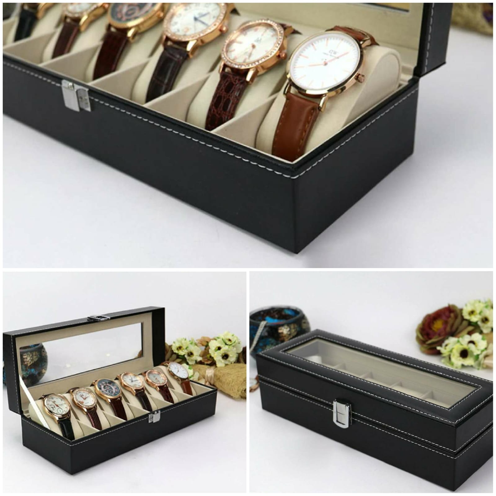 Sama RTR Designer Watch Storage  Box with C-thru Glass Top, 6IN1 Watch Case - D402, Black 