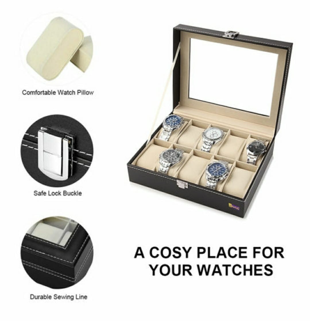 Sama RTR Designer Watch Storage Box With C-Thru Glass Top, 10IN1 Watch Case - D402, Black 
