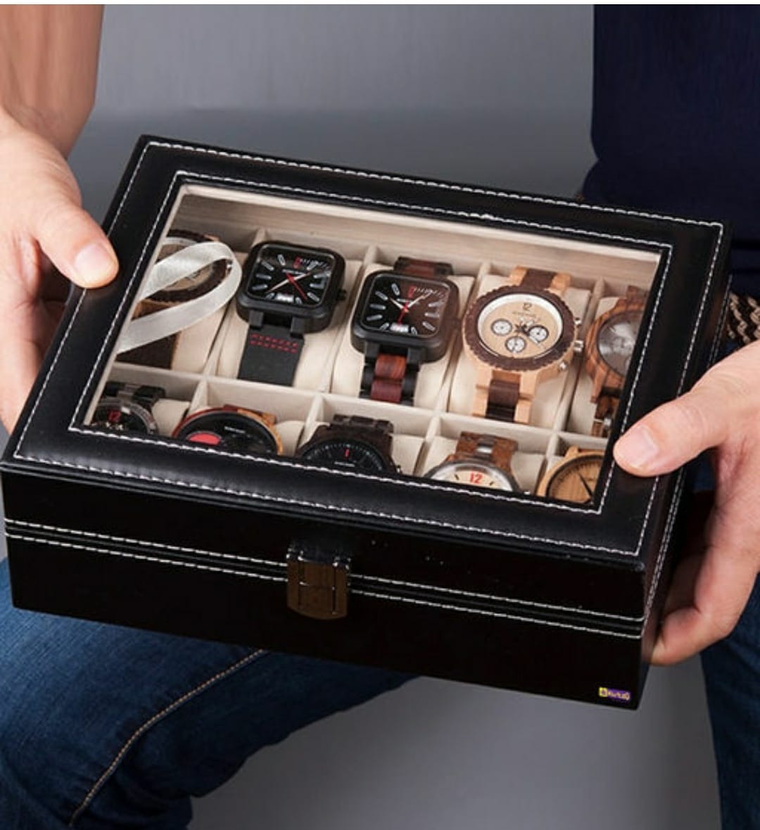 Sama RTR Designer Watch Storage Box With C-Thru Glass Top, 10IN1 Watch Case - D402, Black