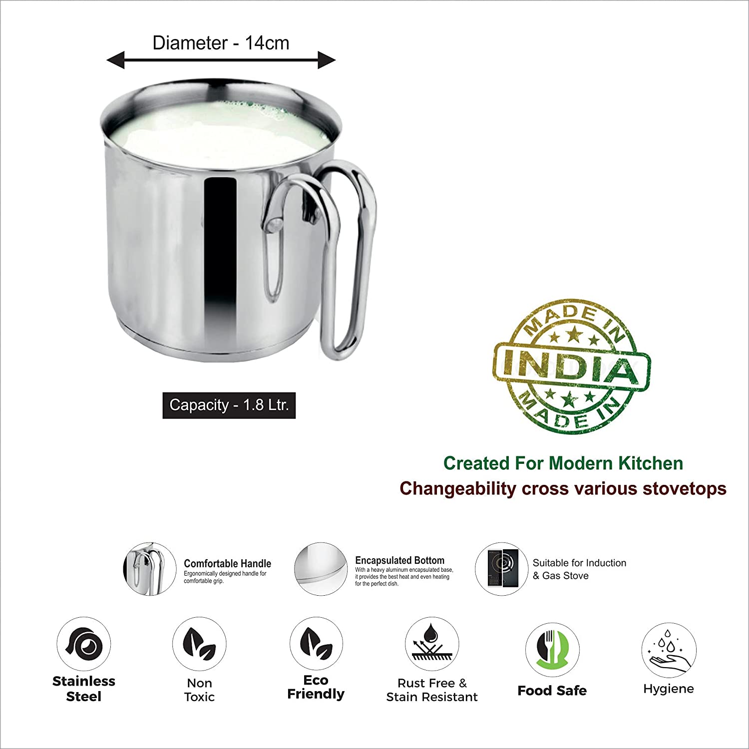 Prabha Encapsulated Base Stainless Steel Milk Pot Milk Boiler 1.8L And 14cm With Lid